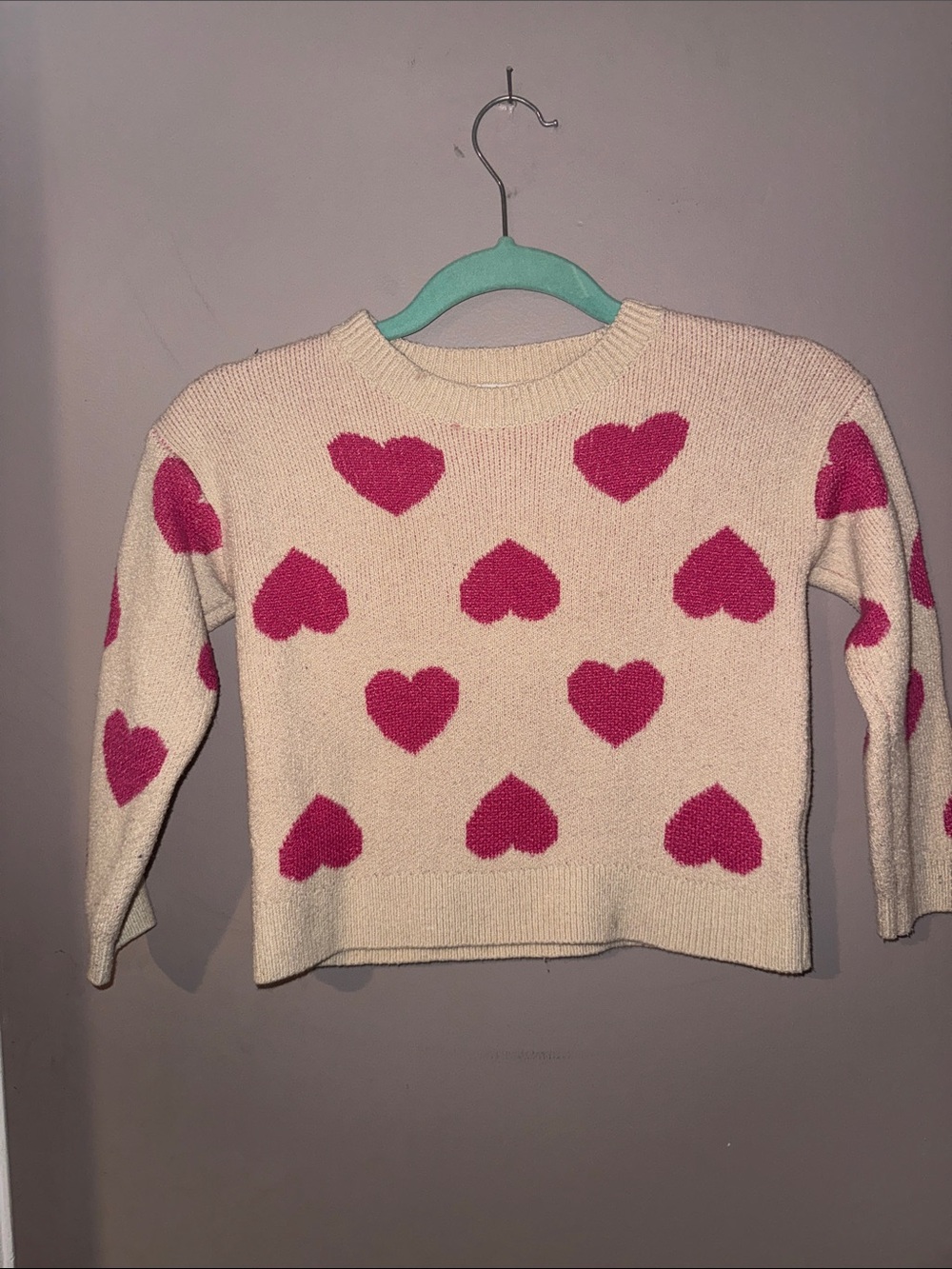 Girls Cozy Heart Pattern Beige & Pink Sweater